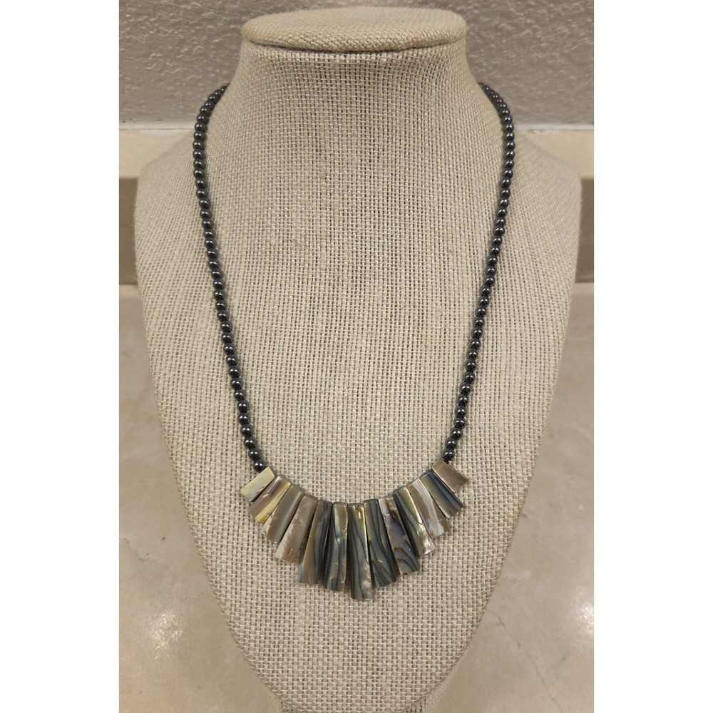 Sterling Silver Abalone Black Spinel Hematite Bead Necklace Adjustable 18.5-20.5